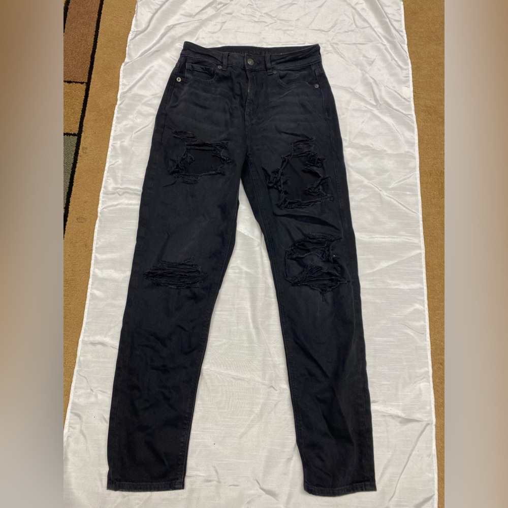 American Eagle black distressed ripped mom jeans, size 2 regular